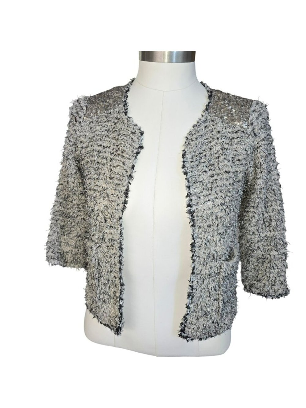 Cozy Silver Textured Open-Front Jacket With Sequins Size S Open Weave JJ4357